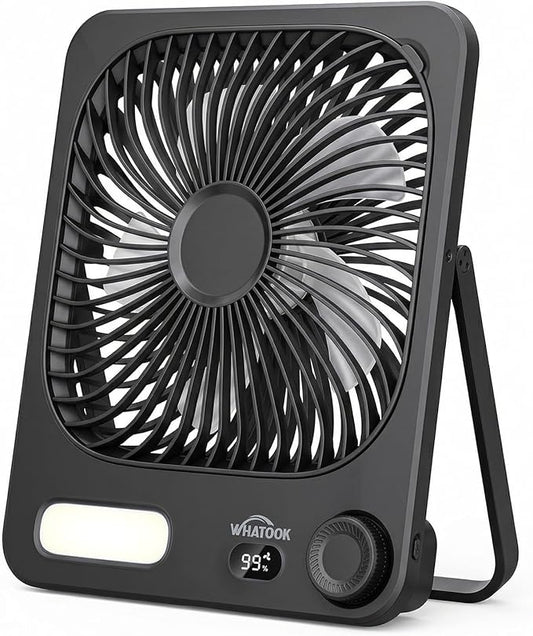 WHATOOK Small Desk Fan Rechargeable - 10000mAh Battery Operated Portable Fan with 100 Speeds & Night Light, Ultra Quiet Personal Desktop Fan for Bedroom, Office, Camping & RV Tent (Black)