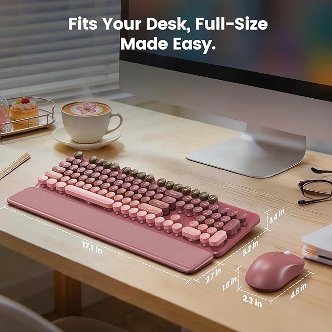Wireless Keyboard and Mouse Combo, Magnetic Soft-Touch Wrist Rest, Round Keycaps, Full-Size Retro Typewriter Keyboard, 2-Stage Tilt Legs, Auto Sleep, 2.4GHz Cordless for Windows PC, Rose Pink Ombre