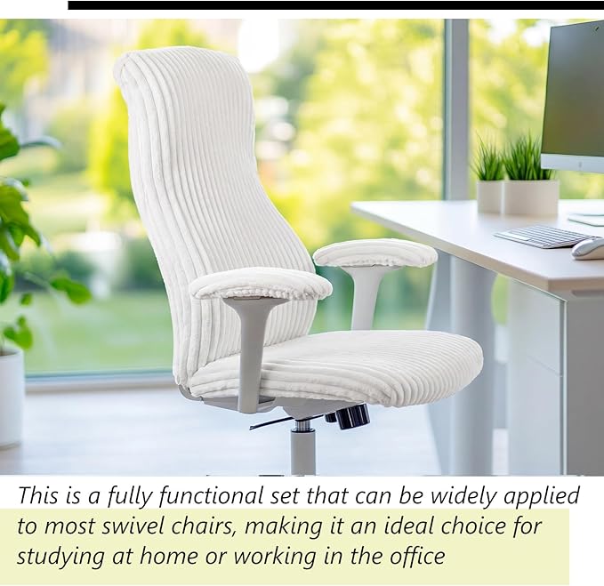 Tegeme Set of 4 Faux Fur Office Chair Covers Set with Armrest Covers, Computer Universal Stretchable Chair Seat Protector Washable Jacquard Computer Seat Slipcovers for Home Office(White)