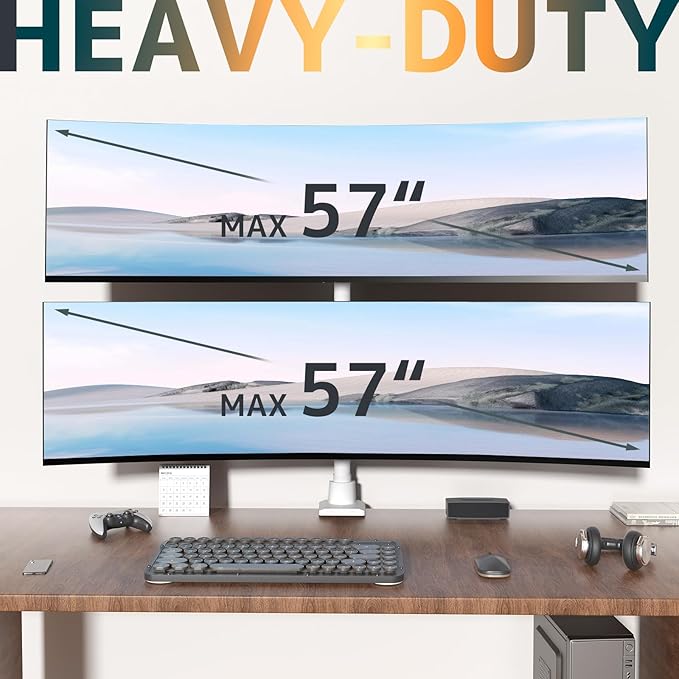 Dual Monitor-Arm Heavy Duty Ultrawide - 24-57 inch Vertical Dual Monitor Mount, Adjustable Stacked Double Monitor Desk Mount Stand, Max Load 59.4 lbs (per Arm), VESA 75/100 mm, White
