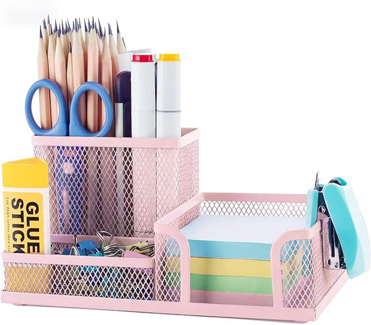 M&G Mesh Pen Holder Desk Organizers Pencil Holder for Desk Pink, 3 Compartments Metal Office Supply Organizer with Sticky Notes Holder for Home Office