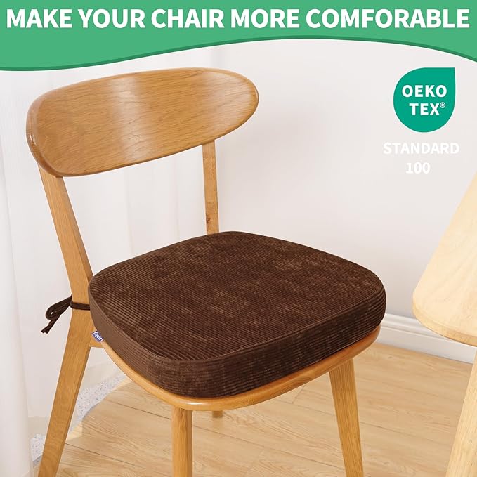 2.5" Thick Chair Cushions for Dining Chair, Corduroy Foam Kitchen Chair Pads, U Shaped Indoor Seat Cushions with Ties & Non-Slip Backing, Removable Washable Cover, 17''x16.5'', Set of 4, Brown
