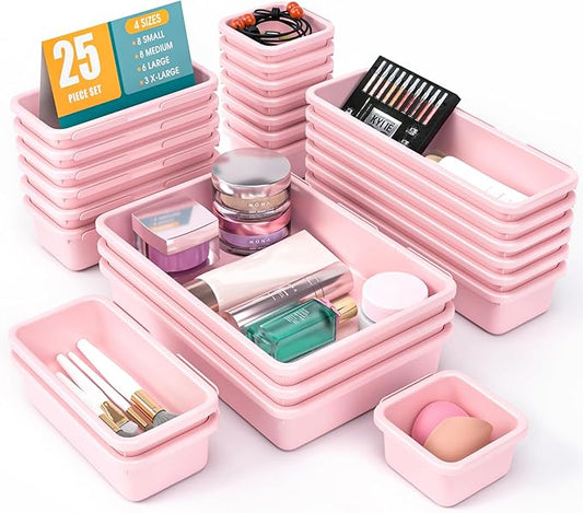 25 PCS Drawer Organizer Set, 4 Size Makeup Drawer Divider Organizer With Non-Slip Pads, Interlocking Plastic Storage Bins for Office,Jewelry Vanity,Gadgets, Bathroom,Kitchen, Pink