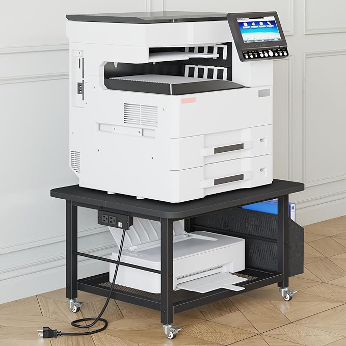 YAOHUOO 23.6"×23.6" Large Priner Stand with Power Outlet, Printer Table with Storage Side Pocket, Heavy Duty Rolling Cart for Home Office 3D Printer/Laser/Heat Press Table, Black