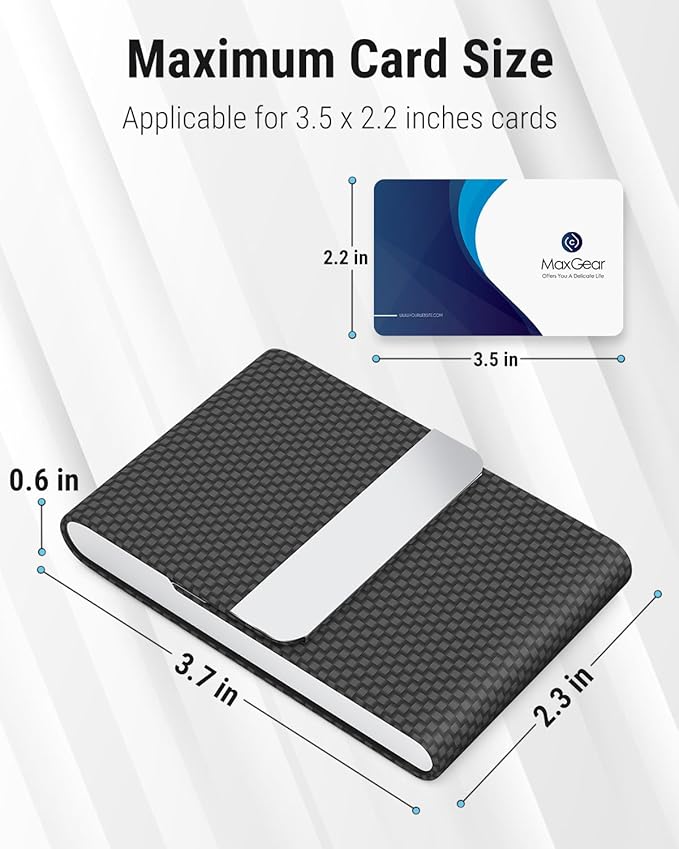 MaxGear Business Card Holder, Slim PU Leather & Stainless Steel Business Card Case for Men & Women, RFID Blocking Name Card Holder with Magnetic Closure, Black Carbon Texture