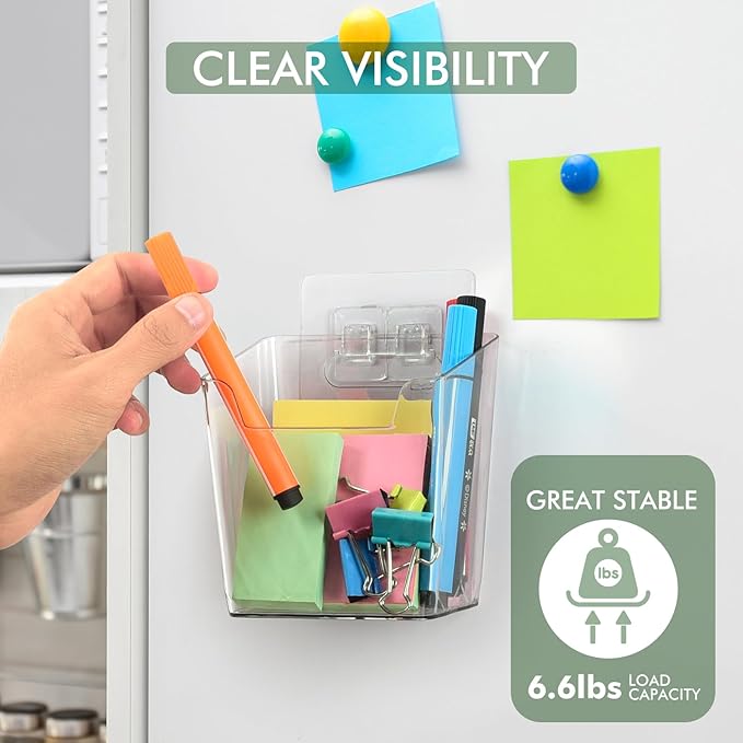 Clear Adhesive Wall Storage Bins, 4 Pack Cabinet Door Organizer Holders, Hanging Wall Mount Pockets, Plastic Cups for Shower Bathroom Makeup Office Craft Remote Kitchen Sink RV Organization (Medium)