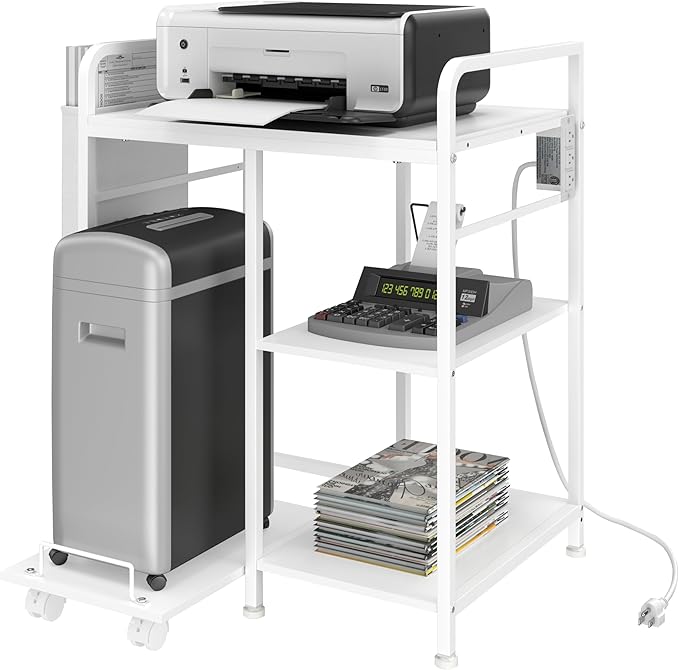 Sedegn Home Printer Stand with Charging Station, 24x18 Inches Stands for Large Printer, Printer Shredder Stand with Storage for Home Office, Table for Fax Machine/PC Tower (White)