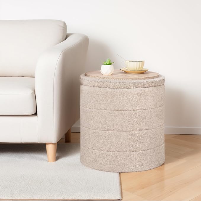 18" Tall Round Boucle Storage Ottoman, Sherpa Teddy Fabric Ottoman Footstool with Wooden Tray Reversible Lid, Folding Footrest with Storage for Living Room, Bedroom, Dorm, Beige