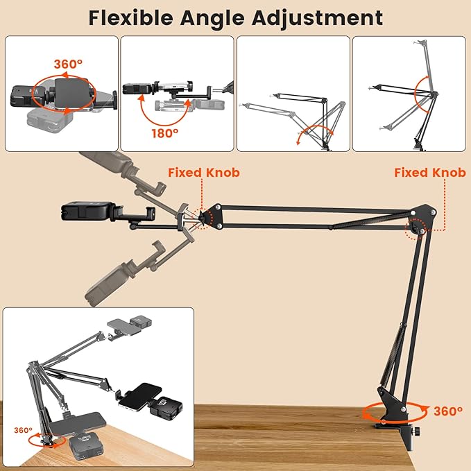 Overhead Phone Mount with LED Selfie Light and Bluetooth Remote, Rechargeable Camera Light Tripod Stand with Flexible Boom Arm, Desk Phone Holder for Video Recording, Live Streaming, TikTok, Vlogging