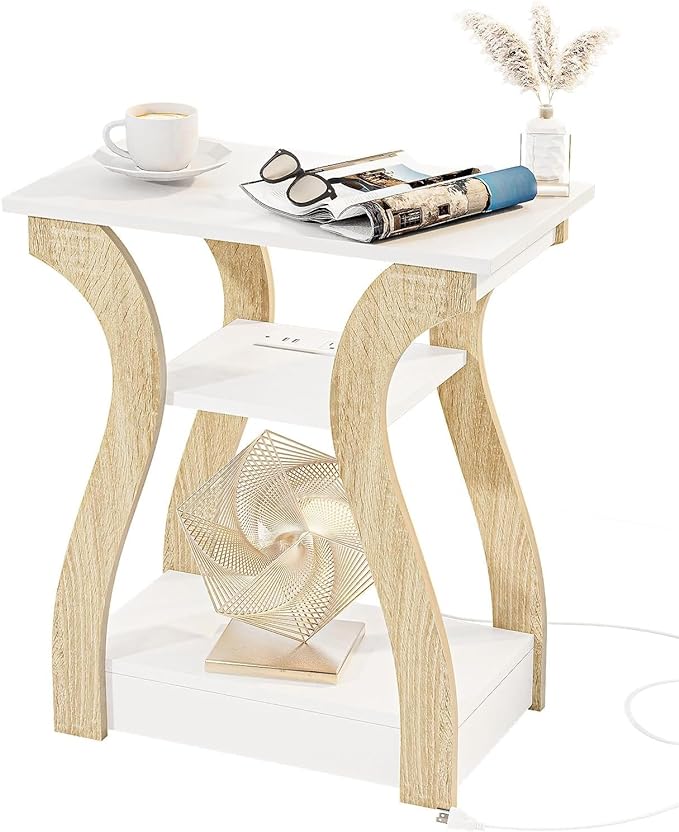 FROMJBEST End Table with Charging Station, Side Table with USB Ports and Outlets, Nightstand, 3 Tier End Table with Storage Shelf for Living Room, Bedroom (White)