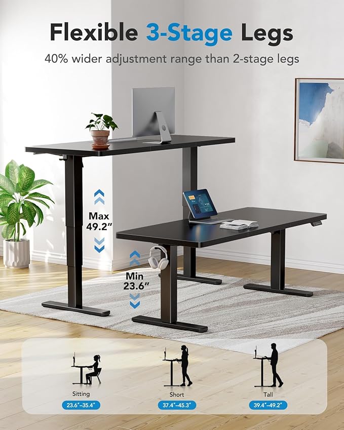 HUANUO 70x35 Inch 3-Stage Legs Electric Standing Desk, Large Height Adjustable Office Desk with Brushless Motor, Stand Up Desk with 4 Memory Presets & 2 Hooks, Computer Desk for Home Office, Black