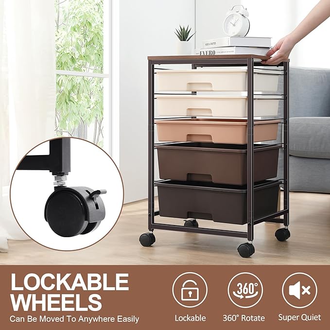 SYKIARIOL Utility Cart with 5 Drawers,Storage Drawer Cart with Wooden Tabletop and Lockable Wheels,Craft Storage Trolley Cart,5-Tier Rolling Utility Cart on Wheels,Dark Brown