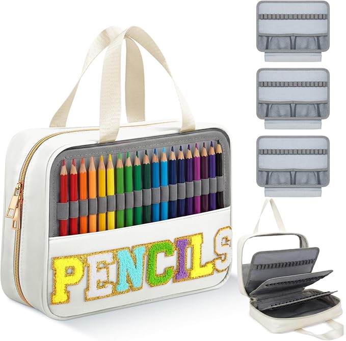 Hillban 108 Slots Large Colored Pencil Case with Chenille Letter Patch Extra Large Capacity Interlayer Pencil Holder Organizer with Handle Zipper Portable Storage Bag Graduation Gift for Artist(White)