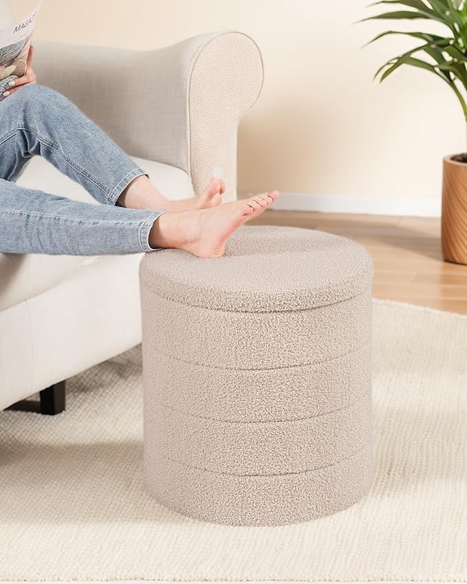 18" Tall Round Boucle Storage Ottoman, Sherpa Teddy Fabric Ottoman Footstool with Wooden Tray Reversible Lid, Folding Footrest with Storage for Living Room, Bedroom, Dorm, Beige