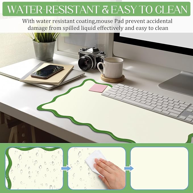 Hahafelt Scalloped Desk Mat Large Scalloped Piping Cute Desk Mat Aesthetic Preppy Table Pad Large Nonslip Pad with Edge Stitching Waterproof Gaming(Green,31.5 x 15.8 Inches)