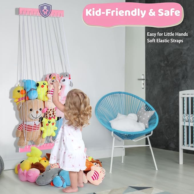 Stuffed Animal Storage Wooden Soft Toy Storage for Kids Room，Wall Mount Door Hanging Stuffed Animal Toy Organizer Shelf for Nursery Play Room Pink -Patent
