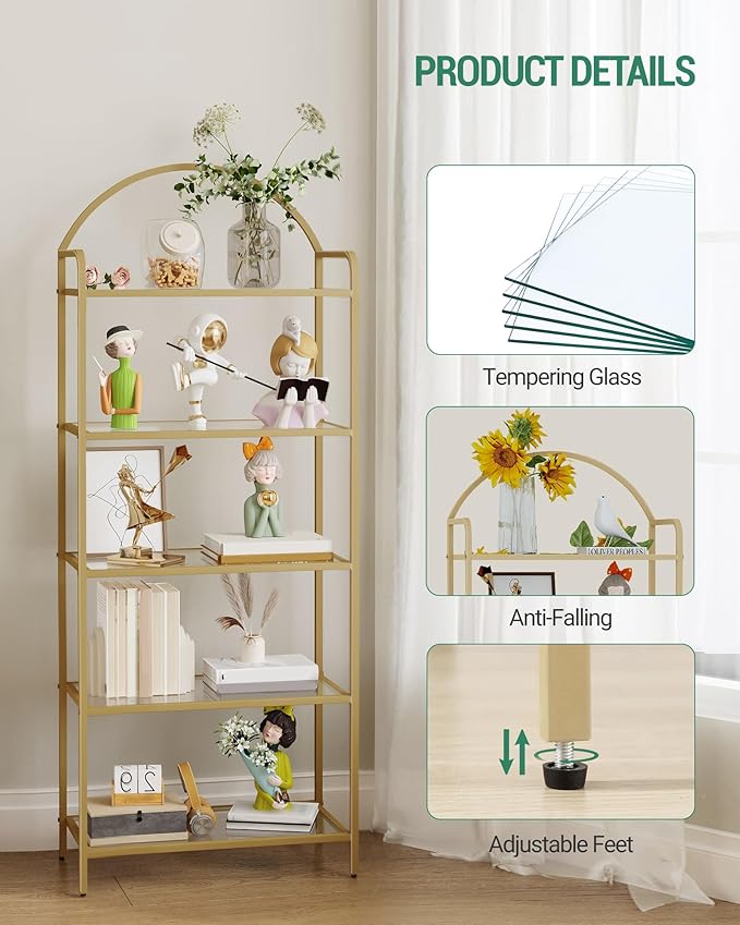 Hzuaneri Bookcase Bookshelf, Tempered Glass Bookshelves, Slim Shelving Unit for Bedroom, Bathroom, Home Office, Steel Frame, 5 Tier Gold BC21599G