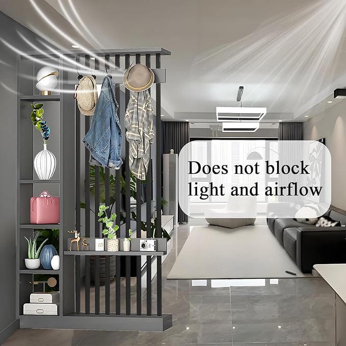 Wall Room Divider - Freestanding Wood Room Divider with Shelves and Coat Rack, Wall Divider with Storage Cabinet and Display Shelf, Freestanding Decor for Bedroom, Office