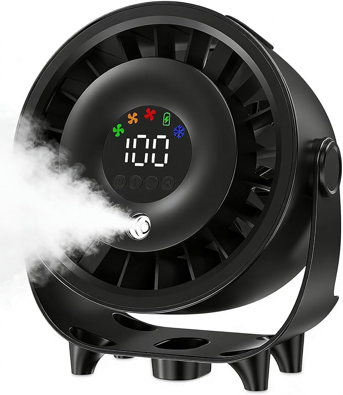 Ouddy Mode Small Desk Fan, 4000mAh Portable Misting Quiet Table Fan with Digital Display, Wall-Mouted Design USB Rechargeable Desk Fans for Office Bedroom Home Travel Outdoor Black