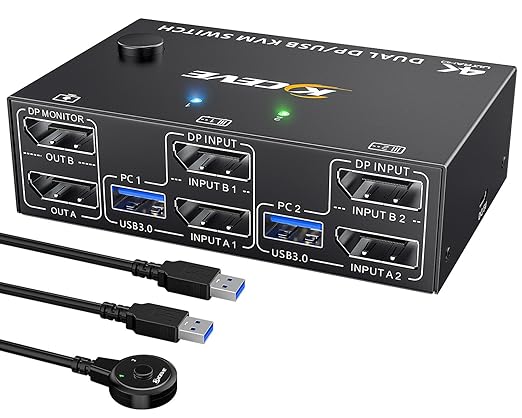 8K Displayport KVM Switch 2 Monitors 2 Computers 8K@30Hz 4K@144Hz,MLEEDA Dual Monitor KVM Switches with 4 USB 3.0 Ports for Keyboard Mouse USB Peripherals,Wired Remote and 2 USB Cables Included