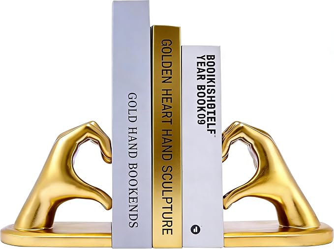 1Pair/2Piece Gold Heart Hands Book Ends, Non-Slip Heavy Duty Bookends for Shelves, Unique Sculptural Book Stopper for Home Bedroom, Living Room & Office Desk Decor