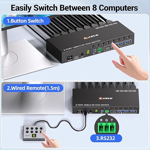 8 Port KVM Switch Displayport 4K@60Hz EDID Simulation, USB 3.0 DP KVM Switch for 8 Computers Share 1 Monitor and 4 USB Devices, KVM Switches with Audio RS232 Wired Remote 12V Power and 8 USB Cable