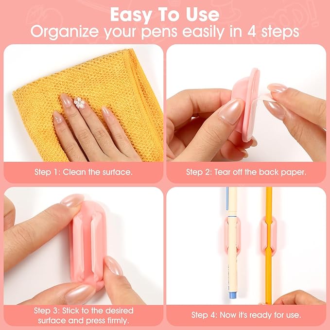 VZZNN 20 PCS Adhesive Pencil Holders for Desk, Silicone Pen Holder for Notebook Wall Clipboard, Durable Pencil Holder for Classroom School Office Home Teacher Student Supplies, Pink