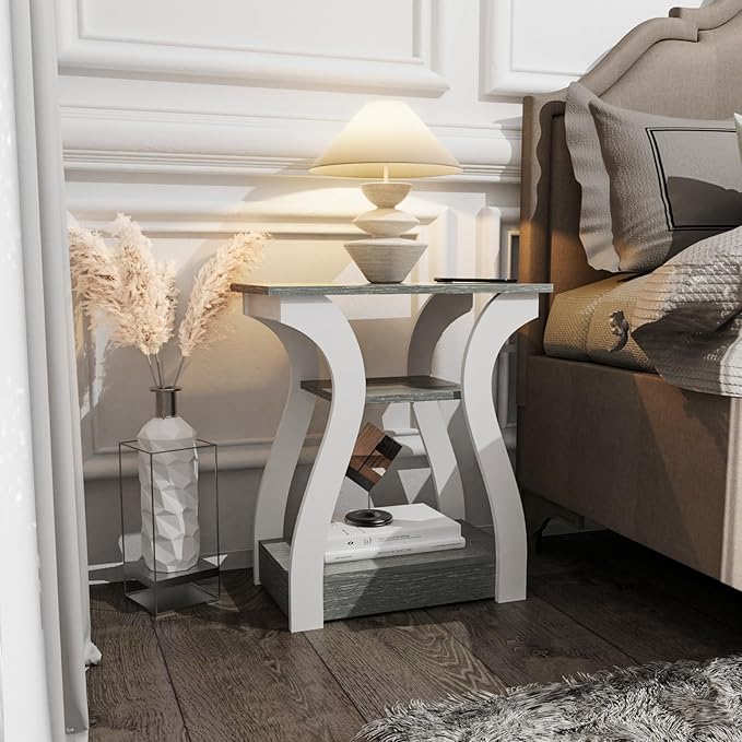 FROMJBEST End Tables Living Room, Grey End Table with Charging Station, Grey Side Table, Nightstand for Bedroom, 3 Tier End Table with Storage Shelf for Living Room
