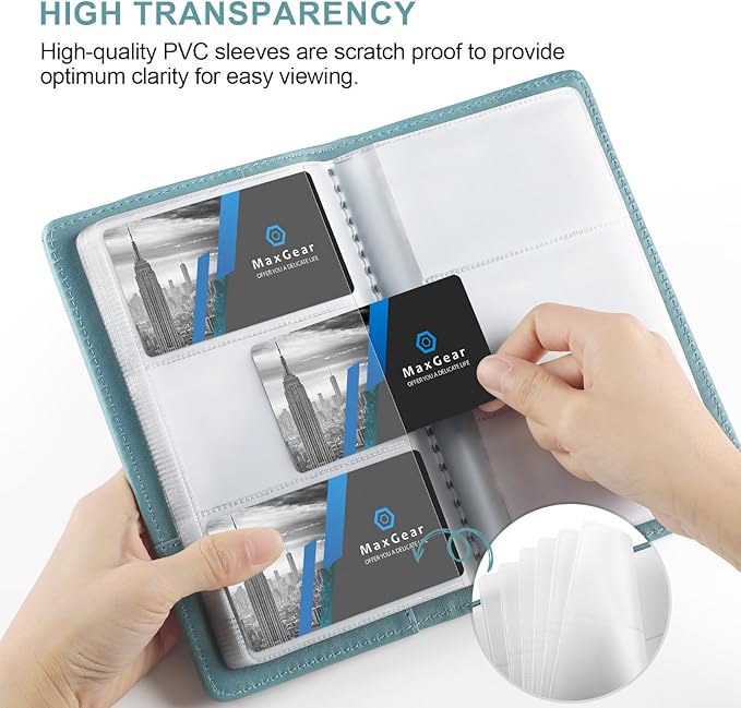 MaxGear Business Card Organizer Book, Holds 240 Cards, Portable PU Leather Business Card Holder with Clear Sleeves, Professional Card Binder for Office, Meetings, Networking, Gray Blue