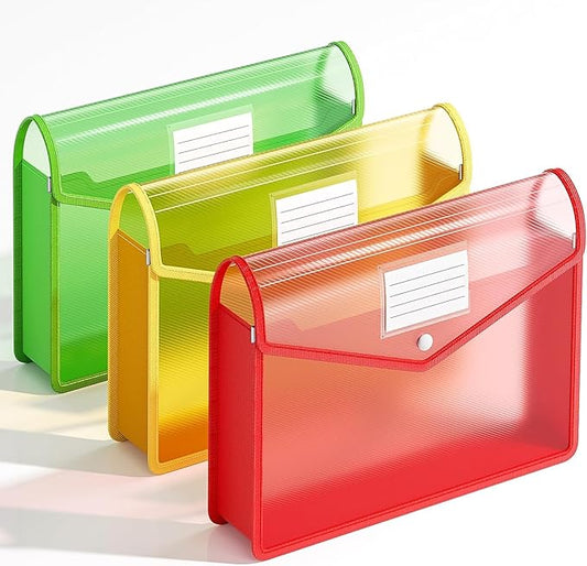 3 Pack Plastic Expanding File Folder, Transparent Envelopes with Snap Closure, Fit Letter/A4 Size for School/Office/Home/Hospital, No Dividers, Large Capacity-3 Colors