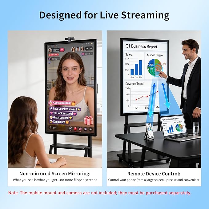 49" Smart Board, Electronic Interactive Smartboard for Classroom, Screen Mirroring, Android iOS 12, Digital Whiteboard for Presention Annotation Live Streaming(Wall Mount Included)