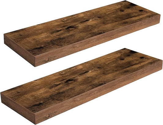 HOOBRO Floating Shelves for Wall, Wall Mounted Shelf Set of 2, 23.6" Hanging Shelf with Invisible Brackets, for Wall Decor Storage in Bathroom Bedroom Kitchen Living Room Office, Rustic Brown BF60BJ01