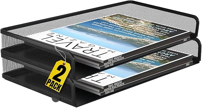 1InTheOffice Desk Trays Stackable Legal Tray, Black Wire Mesh Side-Load Paper Tray Organizer, (2 Pack)