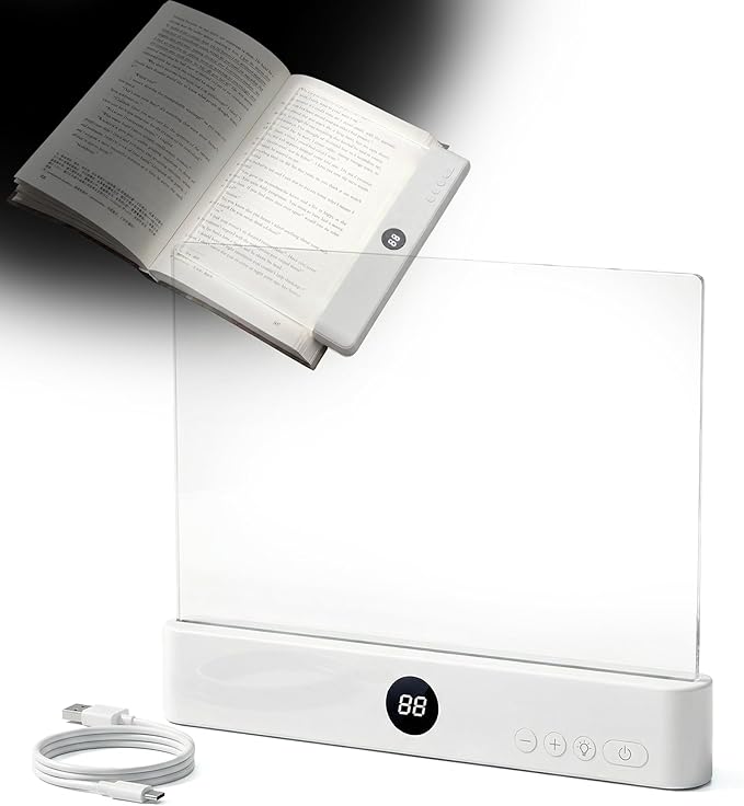 Book Reading Light Flat Screen Smart LED - Full Page Panel Lights for Books Reader in Bed at Night - Rechargeable Portable Dimmable Clear Study Lamp 3 Colors Timer for Bedside Travel (White)