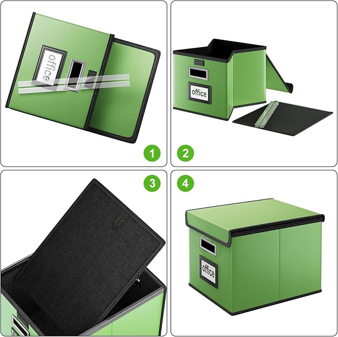 File Organizer Box with Lid, Collapsible Faux Leather Document Organizer, Hanging File Folder Box with Plastic Slide, Decorative Filing Boxes Cabinet for File and Folders Storage(Green)