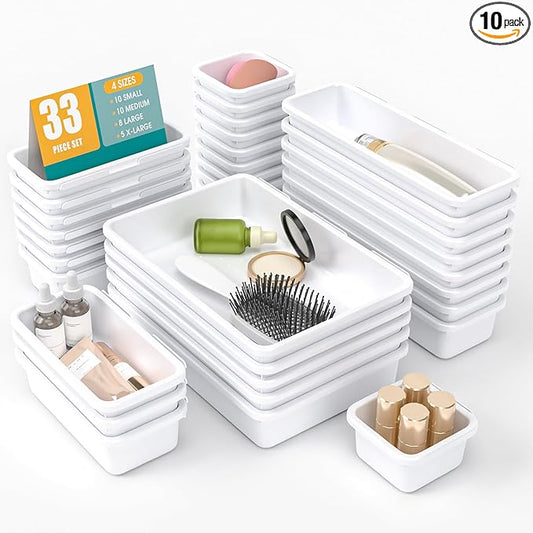 33 PCS Drawer Organizer Set, 4 Size Makeup Drawer Divider Organizer With Non-Slip Pads, Interlocking Plastic Storage Bins for Office,Jewelry Vanity,Gadgets, Bathroom,Kitchen, White