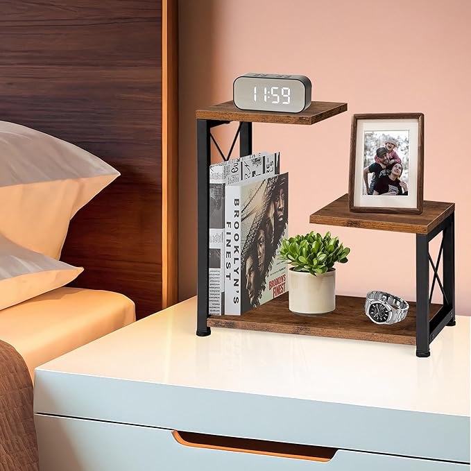 Desk Shelf Organizer, 3-Tier Wood Desk Bookshelf, Small Tabletop Book Shelf, Adjustable Display Rack for Office Decor and Desk Accessories,Rustic Brown