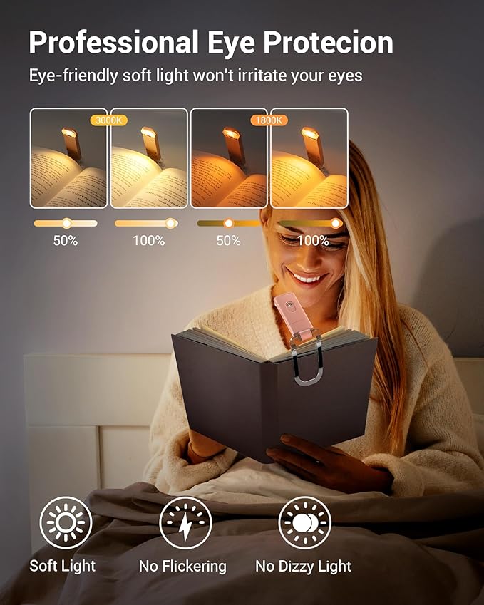 DEWENWILS USB Rechargeable Book Light for Reading in Bed, Clip-on LED Reading Lamps Portable Bookmark Lights for Kids, Book Lovers, 4 Brightness Adjustable for Eye Protection (Light Pink)