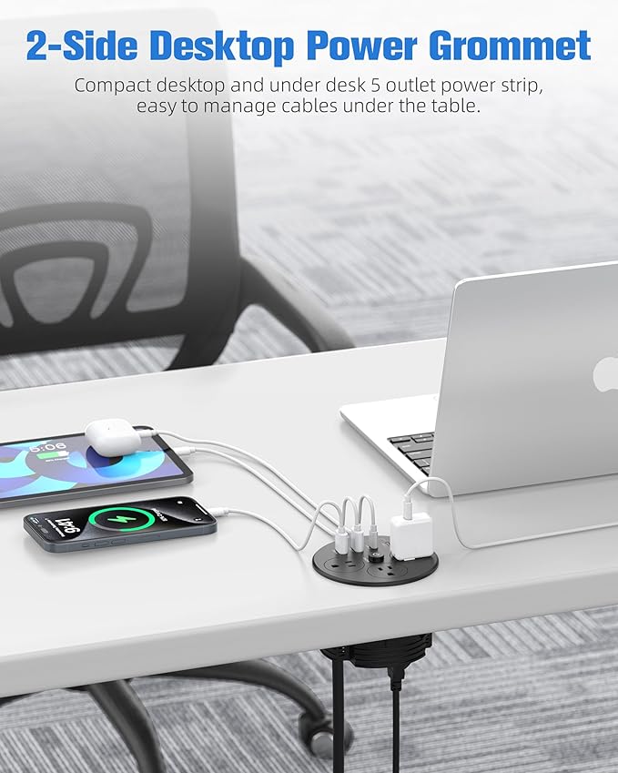 Desktop Power Grommet with 100W USB C, Double-Side Recessed Charging Station Plug in 5AC Outlets & 4 USB Ports, 4-Inch Hole Furniture Flush Mount for Countertop Black