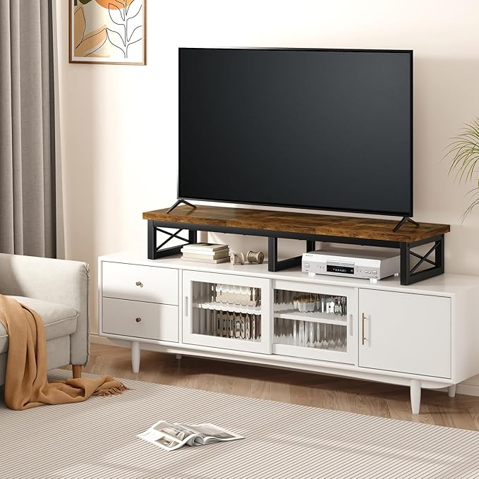 IBUYKE 45" Large TV Riser for 32-60 inch TV,Tabletop Short TV Stand with Storage and Steel Legs,Dual Screen Office Desk,Stand Riser,TV Riser Stand for Home,Bedroom,Living Room,Rustic Brown TVT002H
