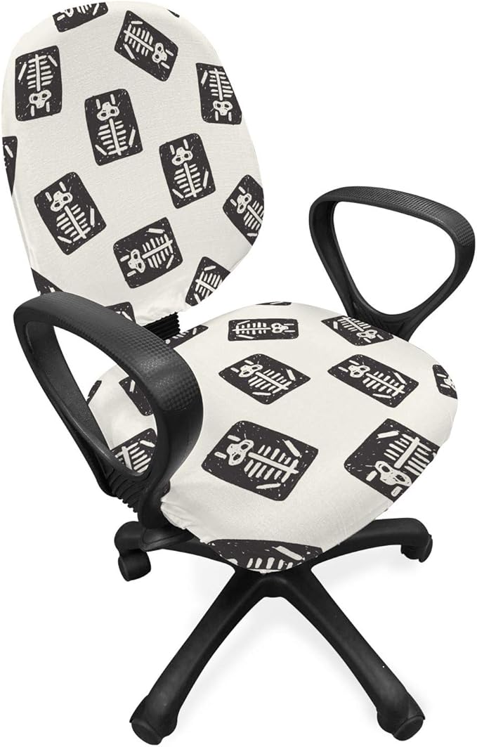 Ambesonne Cartoon Office Chair Slipcover, Xray Part of an Abstract Skeleton Image in Repetitive Grunge Pattern, Protective Stretch Decorative Fabric Cover, Standard Size, Ivory Charcoal