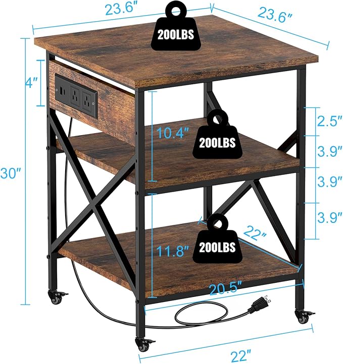 Large Printer Stand with Power Outlet 3 Tier Adjustable Shelves Mobile Cart with Industrial Casters 23.6 x 23.6 x 30 Inches for Home Office Rustic Brown