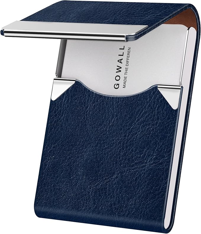 Business Card Holder with Magnetic Closure, Slim Metal PU Business Card Case for Men Women, 3.7 x 2.3 inches RFID Blocking Credit Cards Holder for Pocket or Bag Storage, Dark Blue