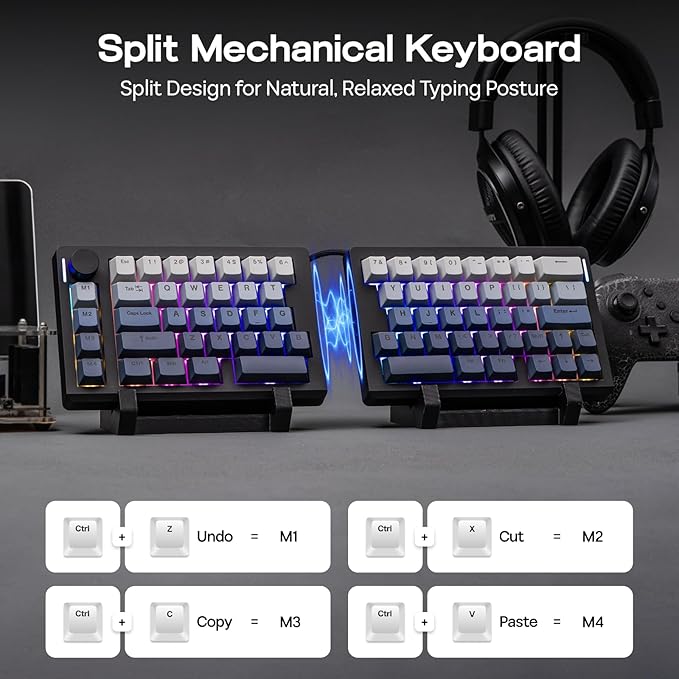 EPOMAKER Split70 Wireless Ergonomic Keyboard with QMK/VIA and Knob, Mechanical Gaming Keyboard with RGB, Hot-Swap, Creamy Linear Switch, PBT Keycap, Gasket, Mac Modifier, 70% Split Layout (Black)