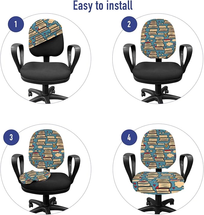 Ambesonne Geek Office Chair Slipcover, Repeating Pattern with Stack of Books Combined with Hearts Coffee and Nerd Glasses, Decorative Stretch and Washable Fabric Cover, Standard Size, Multicolor Cream