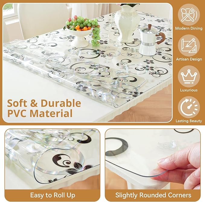 LovePads Floral Clear Table Cover Protector - 36 x 54 Inch Thick Plastic Table Cloth, Waterproof PVC Desk Mat for Dining Room Table, Wood Furniture Topper, Anti-Scratch Desk Pad for Kids Writing,