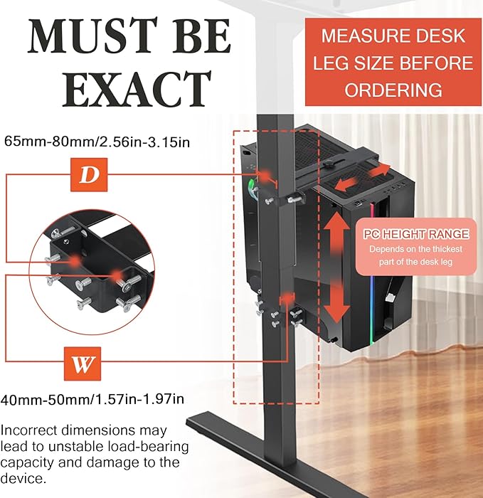 PC Mount Under Desk - No Drilling, Adjustable Height and Width Clamp Leg PC Bracket, Computer Mount Under Table for Standing Desks with 44lb Capacity
