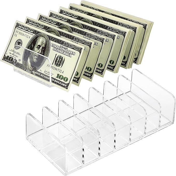 Hipiwe 2 Packs Mail Organizer Plastic Cash Tray for Desk - 7 Slots File Organizer Clear Desktop Bill Divider Holder for Paper Envelope Document Book Money Eyeshadow Makeup Palette