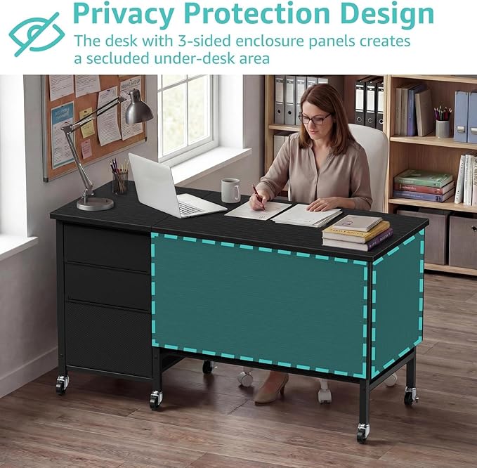 Rolling Teacher Desk with File Drawer & Privacy Panel, 47" Mobile Computer Desk with 3 Storage Drawers on Wheels, Modern Office Desks with File Cabinet for Classroom & Home Office, Black