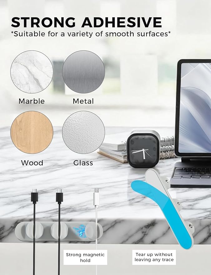 Magnetic Silicone Cable Clips with No-Residue Strong Adhesive – Desk, Under-Desk, Nightstand, Wall, Car, Office & Home Cord Organizer for Cable Management - Gray